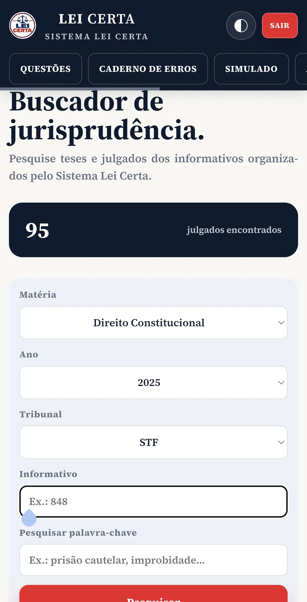 Tela real do buscador de jurisprudência com filtros de matéria, ano, tribunal e informativo