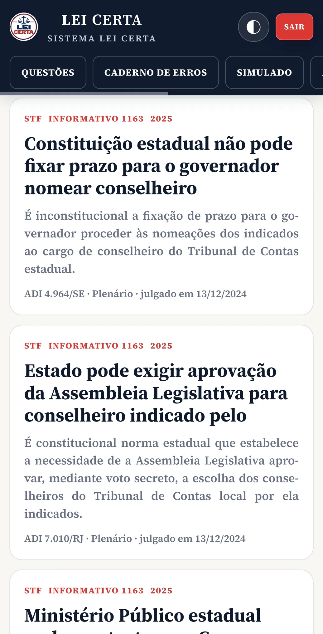 Tela real com a lista de julgados encontrados no buscador